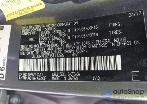 2017 Lexus Gx 460 из США, поврежденный, VIN JTJBM7FX7H5171365